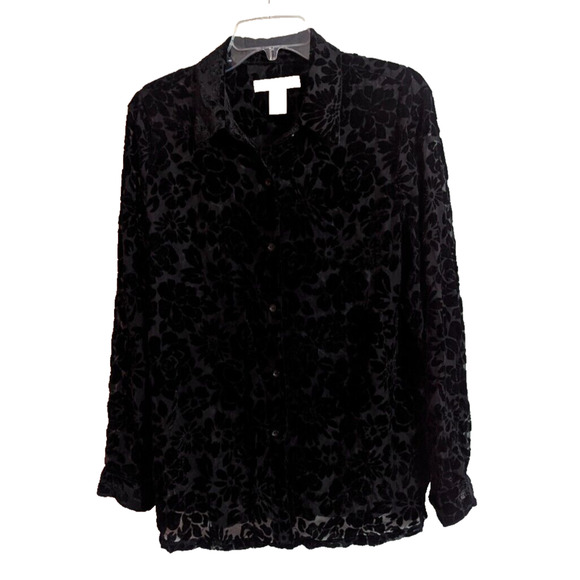 C.L.O.T.H.E.S. Black Floral Velvet Burnout Long Sleeve Top Large H2 Goth Grunge - Picture 1 of 6
